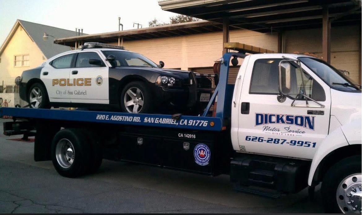 Dickson flatbed transporting a City of San Gabriel Police Department patrol car